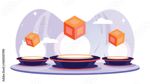 Three orange cubes floating above circular platforms against a dreamy mountain backdrop scenery scene