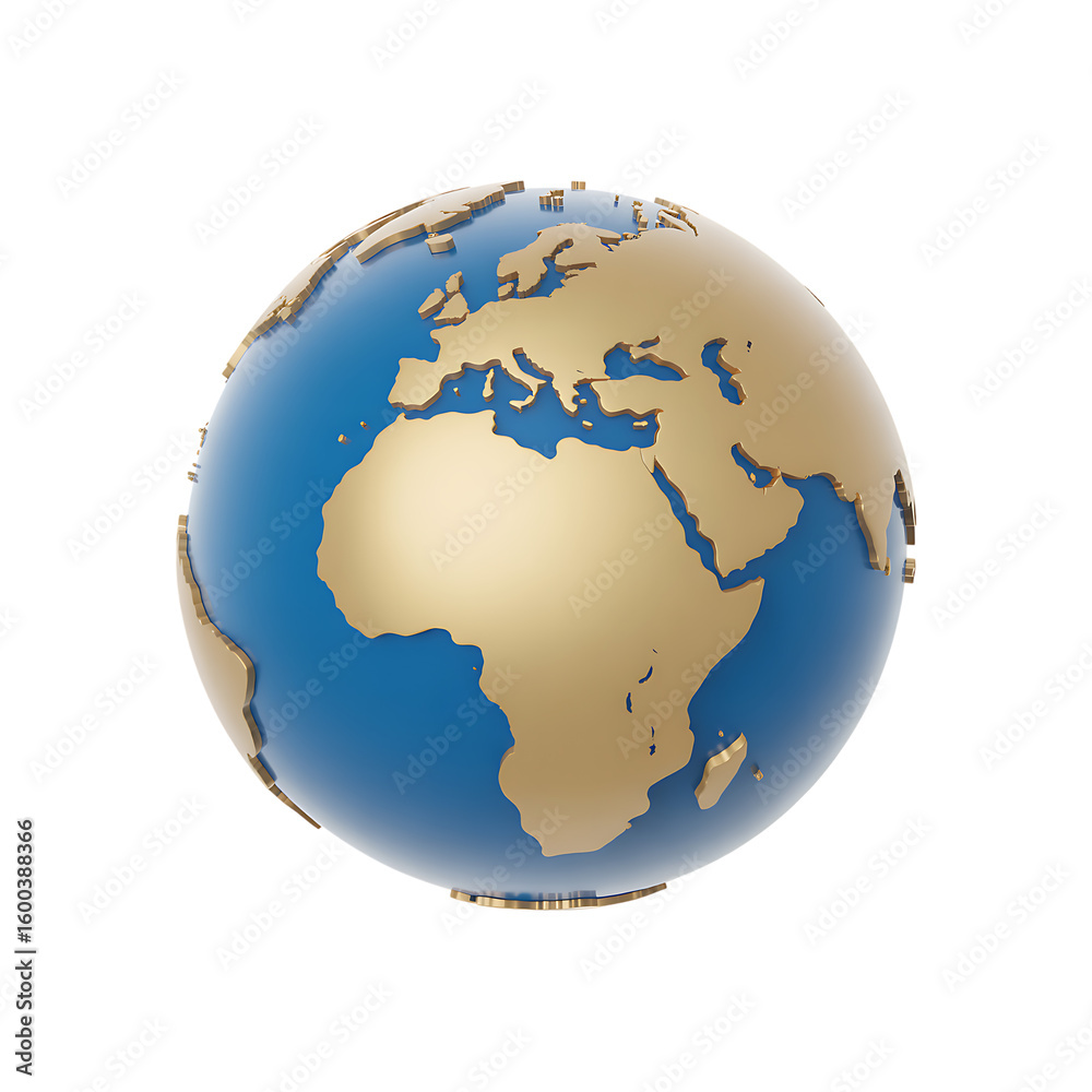 Naklejka premium Stylized Earth Globe Focused on Africa and Europe Continents with Gold Land and Blue Ocean