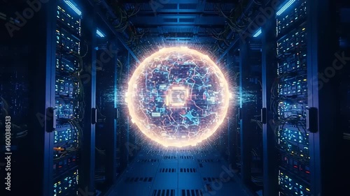Futuristic data center with glowing energy sphere effect