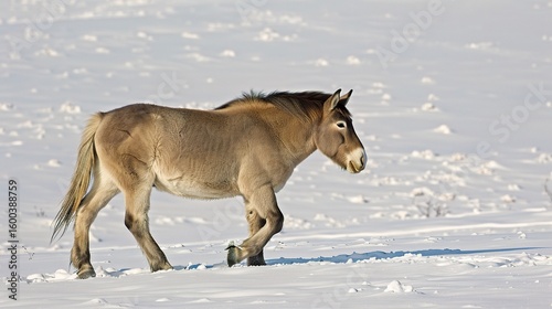 Close-up of Equus przewalskii, a wild horse with a dun coat, upright mane, and stocky build, grazing on grasslands in Central Asia, showcasing its natural habitat and distinct features