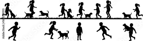 Boy and girl open arms playing with group of dogs outdoor on grass field vector black silhouettes.
