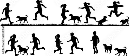 Boy and girl open arms playing with group of dogs outdoor on grass field vector black silhouettes.
