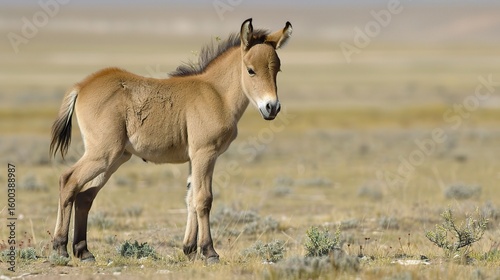 Close-up of Equus przewalskii, a wild horse with a dun coat, upright mane, and stocky build, grazing on grasslands in Central Asia, showcasing its natural habitat and distinct features