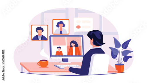 Person attending a video conference with multiple participants on a desktop computer at a desk