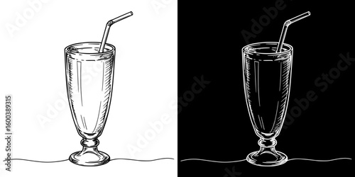 Isolated vector image of a milkshake with a straw on transparent and black backgrounds, chalk drawing  