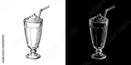 Chalk drawing of milkshake with whipped cream and straw on black and transparent backgrounds - Concept of isolated vector image in two design variants  