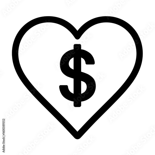 Black and White Donation Heart with Dollar Sign Icon Vector - Philanthropy Symbol for Charity, Giving, and Social Support