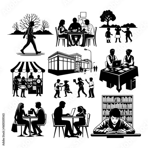 vector image of daily life set silhouette on white background