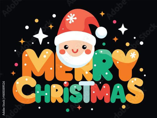 Cute kawaii santa claus character with merry christmas text and festive snowflakes isolated on transparent background