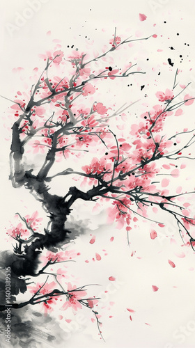sakura tree painted in expressive brush strokes, East Asian ink style, petals blowing in wind, soft watercolor texture, light pastel pink and black ink.