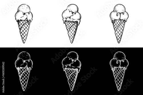 Ice cream cones in chalk drawing style on transparent and black backgrounds, concept of isolated vector image in two design variants, image set, seamless frame  