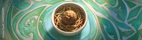 A bowl of noodles with meatballs in a decorative ceramic dish.