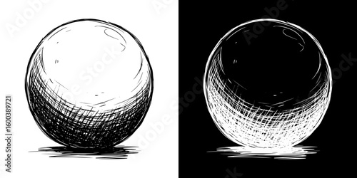 Isolated vector image of a ball in two design variants on transparent and black backgrounds, chalk drawing  