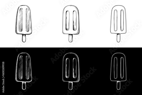 Isolated vector image of ice cream on a stick in two design variants - on transparent and black backgrounds, chalk drawing, image set, seamless border  