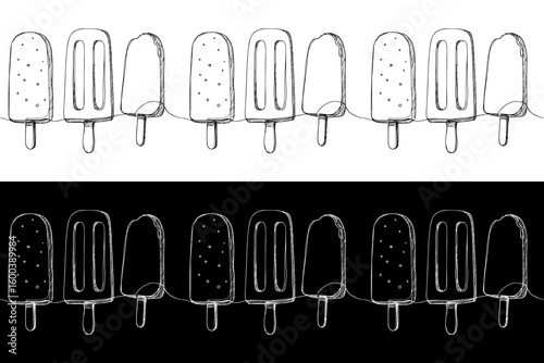 Seamless border of ice cream popsicles, solated vector image in two design variants - on transparent and black backgrounds, chalk drawing
