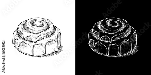 Chalk drawing of cinnamon roll, isolated vector image in two design variants - on transparent and black backgrounds