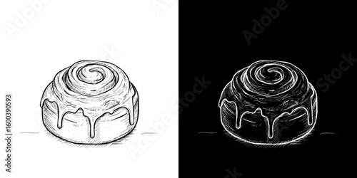 Isolated vector image of a cinnamon roll in two design variants - on transparent and black backgrounds, chalk drawing  