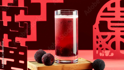 A cup of bayberry juice Chinese-style creative scene commercial photography