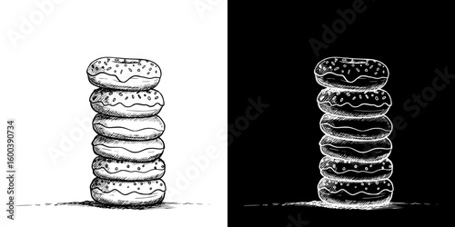 Stack of donuts in chalk drawing style, isolated vector image in two design variants - on transparent and black backgrounds, chalk drawing