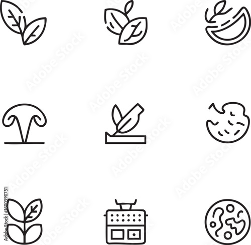 Vegan and vegetarian food vector icon set outline style,adjustable stroke weight leaf,mushroom,seed,sprouts,soil,garden,sprouting,compost,farm,nature,pizza,vegan icon set
