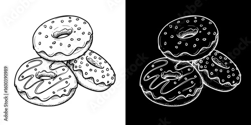 Isolated vector image of three donuts in two design variants - on transparent and black backgrounds, chalk drawing  
