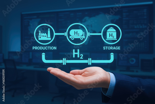 Green hydrogen industrial process concept with hand holding futuristic interface for production and storage