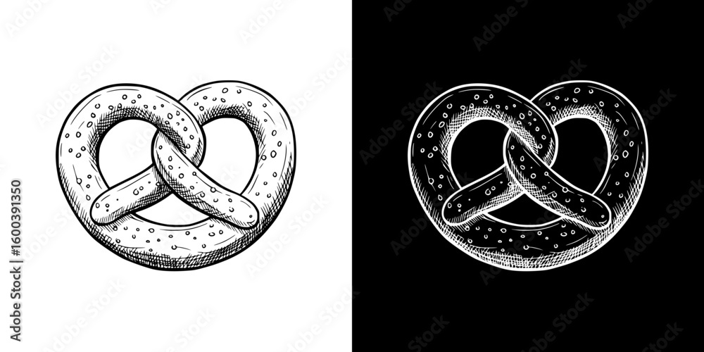 Chalk drawing of pretzel, Isolated vector image in two design variants - on transparent and black backgrounds, chalk drawing
