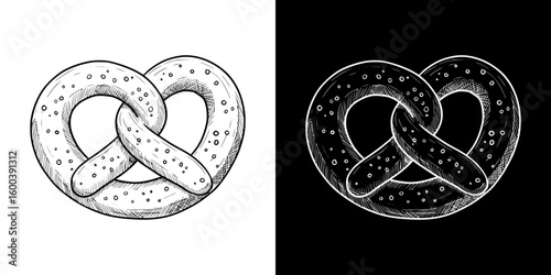 Chalk drawing of pretzel, Isolated vector image in two design variants - on transparent and black backgrounds