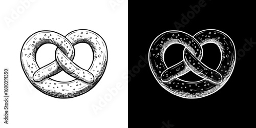 Chalk drawing of pretzel, Isolated vector image in two design variants - on transparent and black backgrounds, chalk drawing

