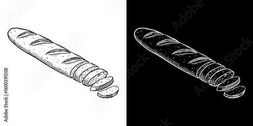 Isolated vector image of baguette with slices, two design variants - on transparent and black backgrounds, chalk drawing
