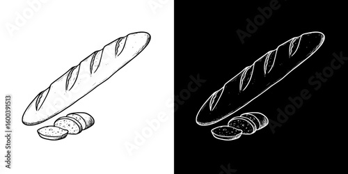 Baguette bread sketch illustration  - Concept of isolated vector image in two design variants - on transparent and black backgrounds, chalk drawing  