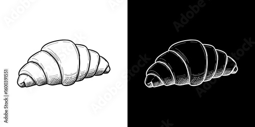 Isolated vector image of a croissant in two design variants - on transparent and black backgrounds, chalk drawing  