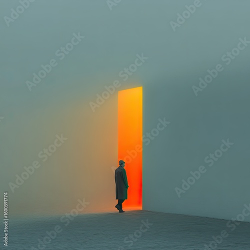 Person Walking Towards Glowing Orange Doorway in Foggy Minimalist Landscape
