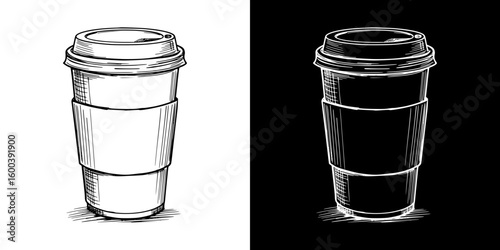 Isolated vector image of a takeaway coffee cup in two design variants - on transparent and black backgrounds, chalk drawing  
