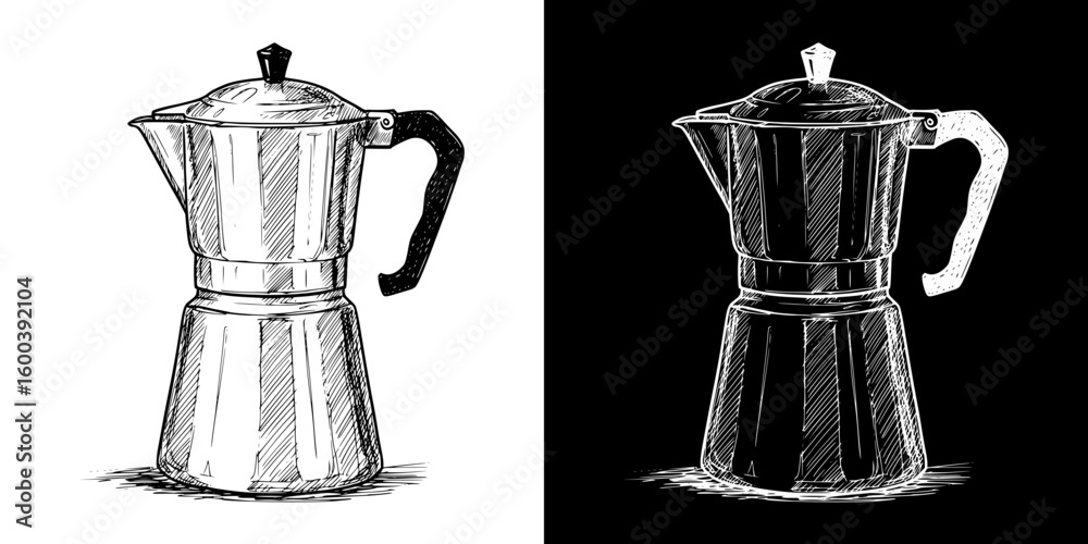 Isolated vector image of coffee maker in two design variants - on transparent and black backgrounds, chalk drawing  