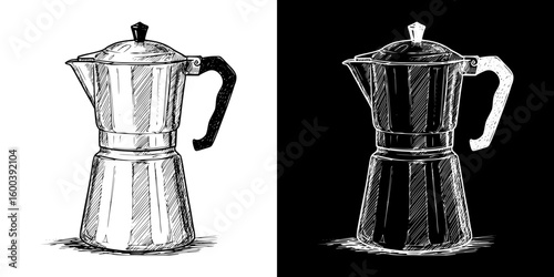 Isolated vector image of coffee maker in two design variants - on transparent and black backgrounds, chalk drawing  