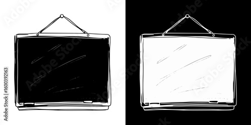 Isolated vector image of a chalkboard in two design variants - on transparent and black backgrounds, chalk drawing  