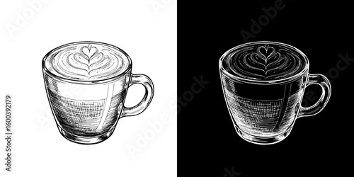 Chalk drawing of a coffee cup with heart-shaped foam, Isolated vector image in two design variants - on transparent and black backgrounds