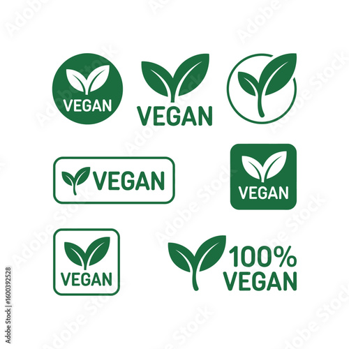 Vegan food icon set badge sign. Bio, Ecology, Organic logos and badges, label, tag. Green leaf on white background. Vector illustration. 