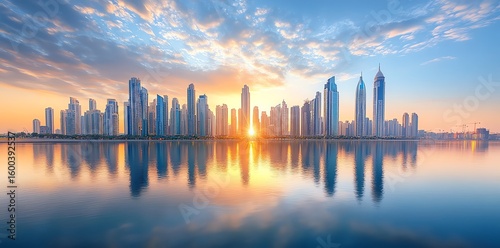 Dubai Skyline at Sunrise Reflecting in Water