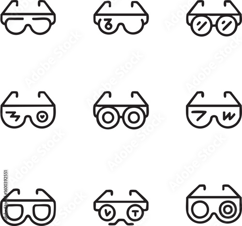 Vision test vector icon set outline style,black and white eye chart,eye exam,sight check,myopia,astigmatism,visual acuity,ophthalmology,eyesight correction icon