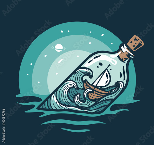 A stylized digital illustration of a message in a bottle
floating on turquoise waters against a dark teal background