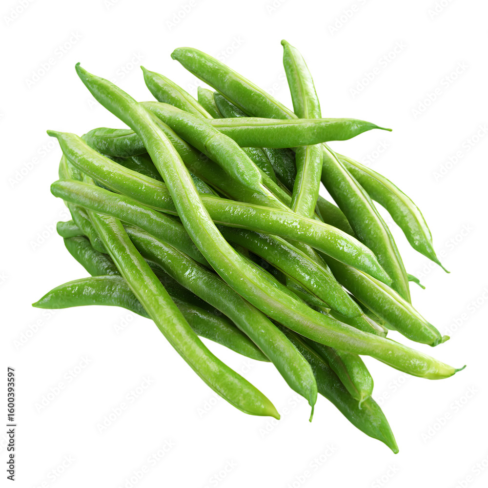 A pile of fresh green beans with water droplets isolated on transparent background A pile of fresh green beans with water droplets isolated on transparent background