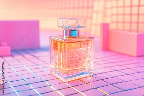 Square perfume bottle on a tiled surface.