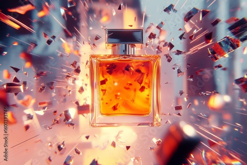 Amber perfume bottle surrounded by shattering glass.