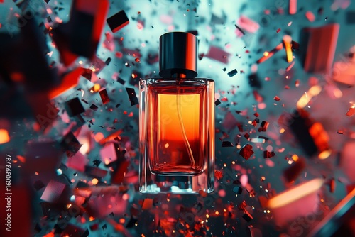 Amber perfume bottle amidst a vibrant explosion of color.