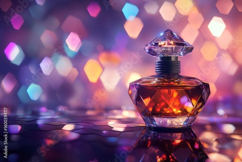 Luxurious perfume bottle displayed against a backdrop of vibrant lights.