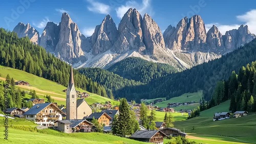 Picturesque alpine village nestled in a valley, surrounded by towering mountains