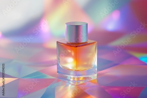 Square perfume bottle with iridescent background.