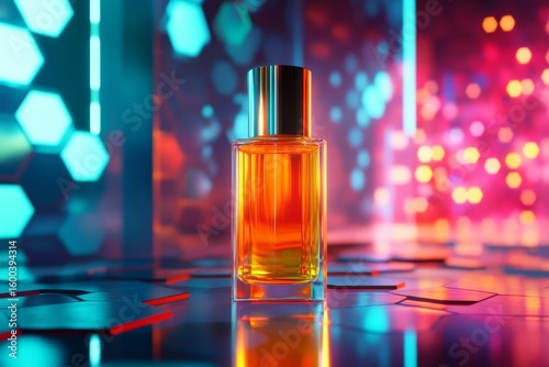 Amber perfume bottle in a neon-lit environment.